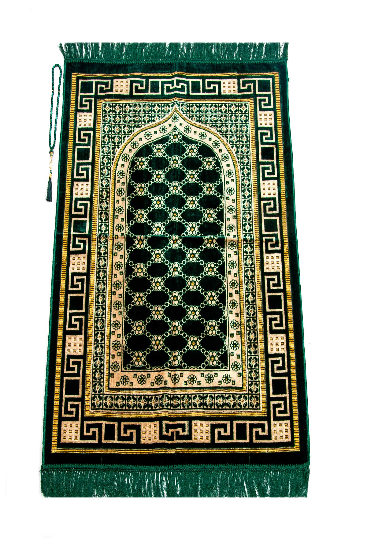 ihvan online Luxury Velvet Muslim Prayer Rug with Prayer Beads, Janamaz, Thick Soft Sajadah, Islamic Gift, Portable Prayer Carpet Mat, Velvet Fabric, Green