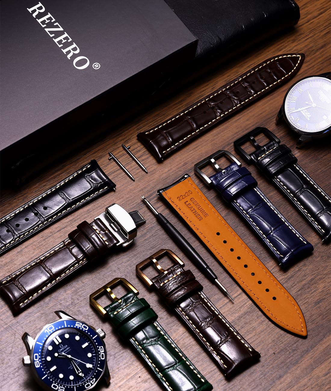 REZERO Leather Watch Bands for Men, Quick Release Watch Straps, Luxury Italian Alligator Grain Embossed Band Replacements 19mm 20mm 21mm 22mm