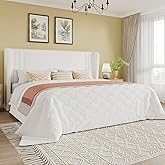 SHA CERLIN King Size Velvet Upholstered Platform Bed Frame with Vertical Channel Tufted Wingback Headboard, Wooden Slats Support, Easy Assembly, Under Bed Storage, No Box Spring Required, White