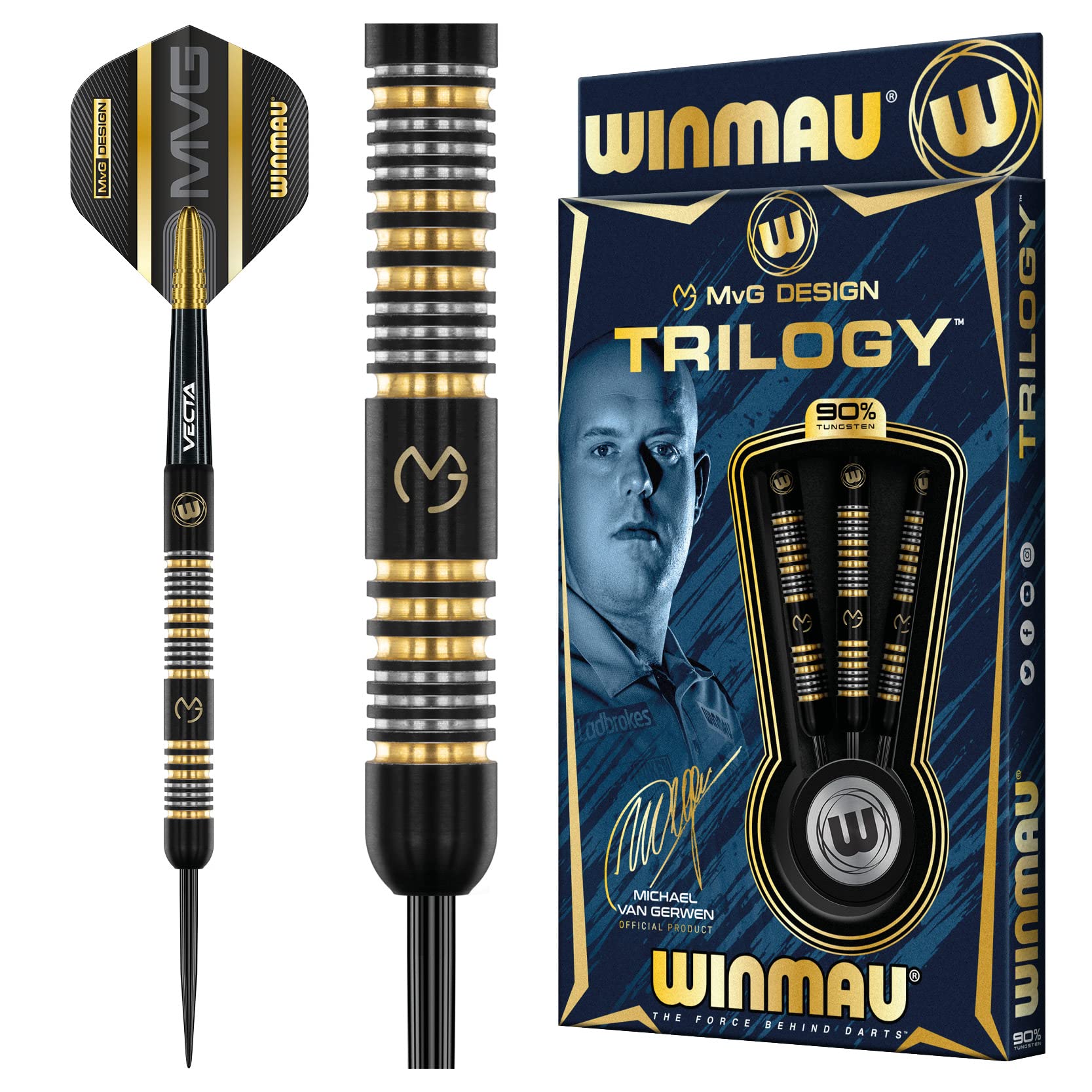WINMAU Michael Van Gerwen MvG Trilogy Professional Steel Tip Tungsten Darts Set with Flights and Stems (Shafts)