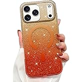 Ufbara Magnetic Case for iPhone 17 Pro Max 6.9 in, Aesthetic Glitter Bling Sparkly Design [Compatible with Magsafe] Iridescent Gradient Shockproof Protective Cover for Women Girls (Orange)