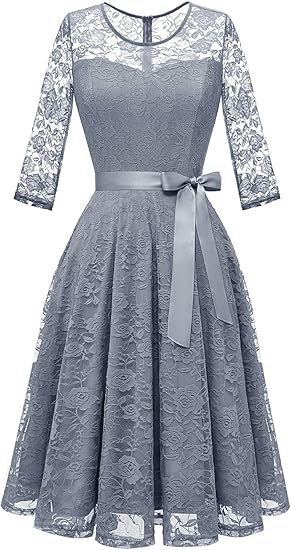 Amazon ドレッシースター ワンピース レディース レース ドレス ひざ丈 七分袖 裏地あり 冷房対応 リボン付け 多彩 通勤 二次会 お呼ばれ 大きいサイズ パーティードレス 通販