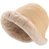 Molans Winter Furry Bucket Hat for Women — Velvet Thickened Rolled Brim Faux Fur Cloche Hat Foldable Soft Cap with Lining