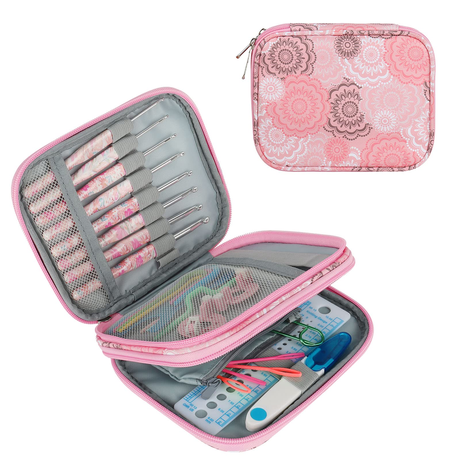Aeelike Crochet Hooks Storage Case, Double-Layer Zip Case for Hooks, Circular Needles and Accessories, Travel Portable Hook Organiser Empty, Holder Lovers, Pink, 17.5 x 14 x 4 cm