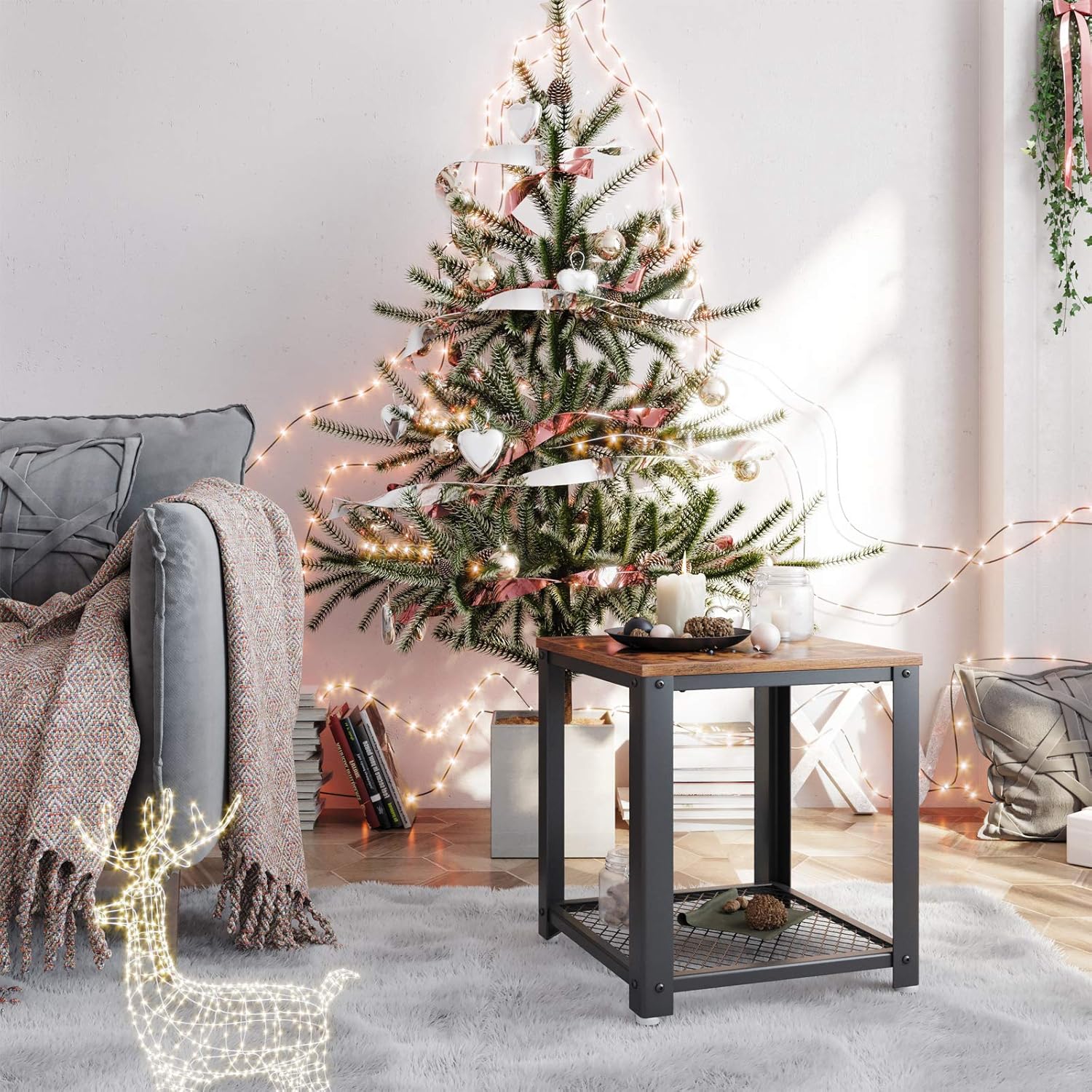 VASAGLE Industrial End Table, 2-Tier Side Table with Storage Shelf, Sturdy, Easy Assembly, Wood Look Accent Furniture, with Metal Frame, Rustic Brown ULET41X: Kitchen & Dining