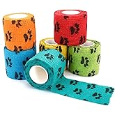 6 Pack 2 Inch x 5 Yards Self-Adhesive Vet Wraps for Pets, Colorful Paw Print Cohesive Bandages for Dogs and Cats - Non-Woven First Aid Wrap for Wounds, Sprains & Swelling
