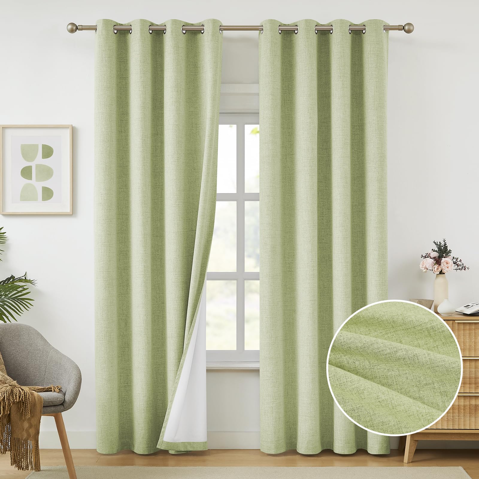 Melodieux 100% Blackout Linen Curtains 84 Inch Length 2 Panels Set, Living Room Darkening Thermal Insulated Grommet Lined Drapes, Farmhouse Burlap Textured Bedroom Curtains, 52x84 inch, Sage Green