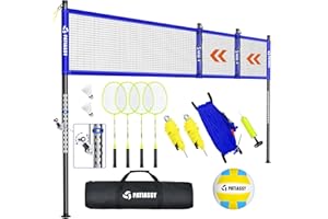 PATIASSY Volleyball Net and Badminton Set Combo, 32/26/20FT Height & Width Adjustable Outdoor Net System for Backyard & Beach with 4 Aluminum Rackets, 2 Shuttlecocks, PU Volleyball and Portable Carrying Bag