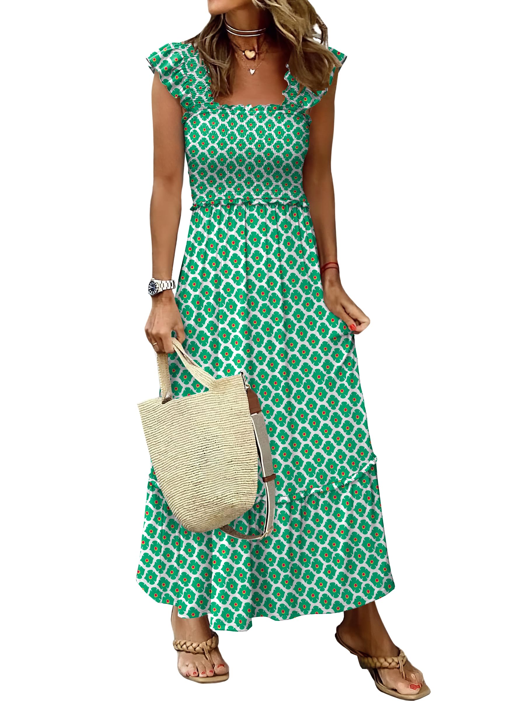 Photo 1 of (small) ANRABESS Womens Summer Sleeveless Maxi Dress Square Neck Smocked Boho Casual Ruffle Strap Flowy A-Line Long Beach Sundress Green Floral Small