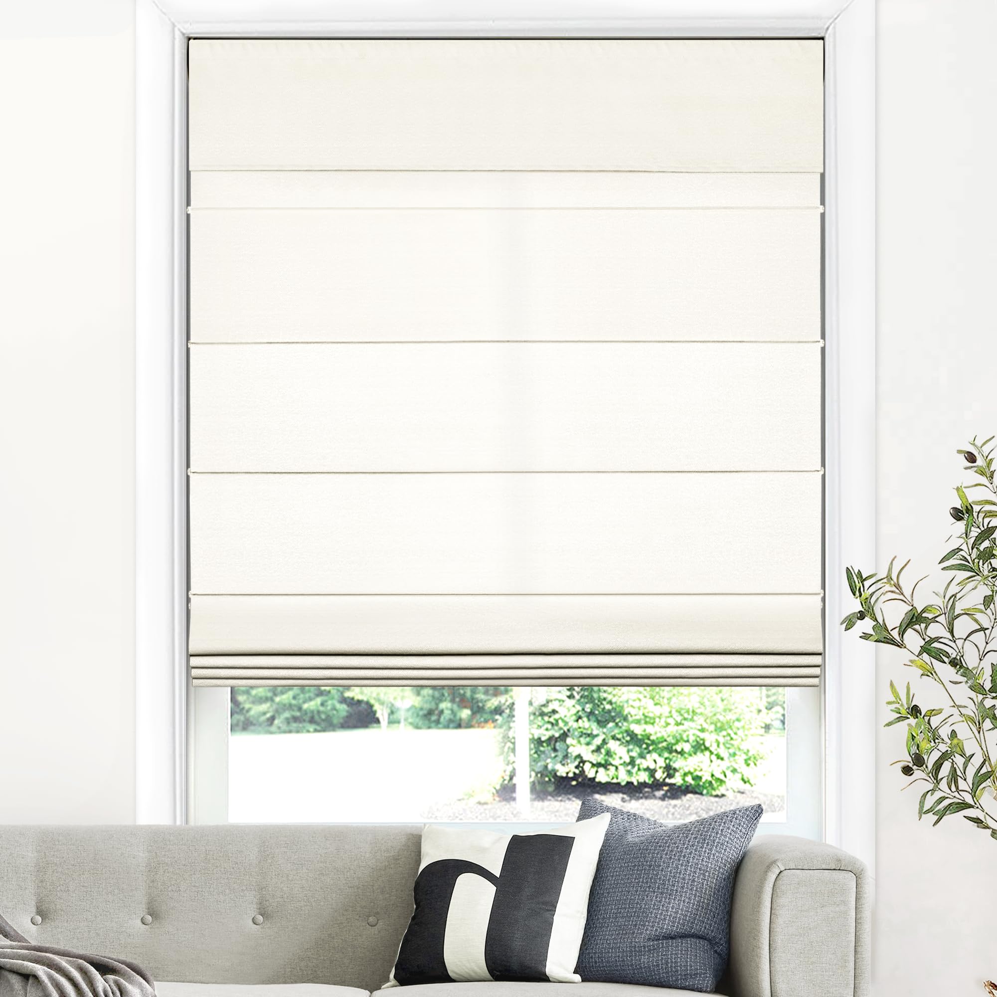 Photo 1 of LazBlinds Cordless Roman Shades for Windows, Light Filtering Thermal Insulated Window Blinds, Lightweight Fabric Blinds for Indoor Windows, 28" W x 60" H, Ivory