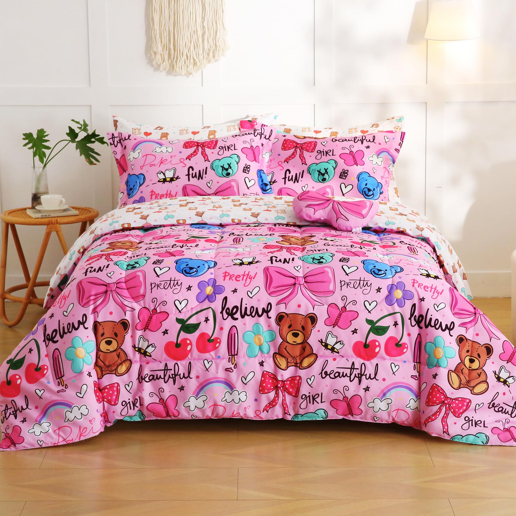 Mooreeke Full Size Comforter Sets for Girls Kids, 8 Pieces Bed in a Bag Bowknot Teddy Bear Bedding Comforter and Sheet Set with Shams and Decorative Toy Pillow, Ultral Soft Microfiber Kids Bed Set Image