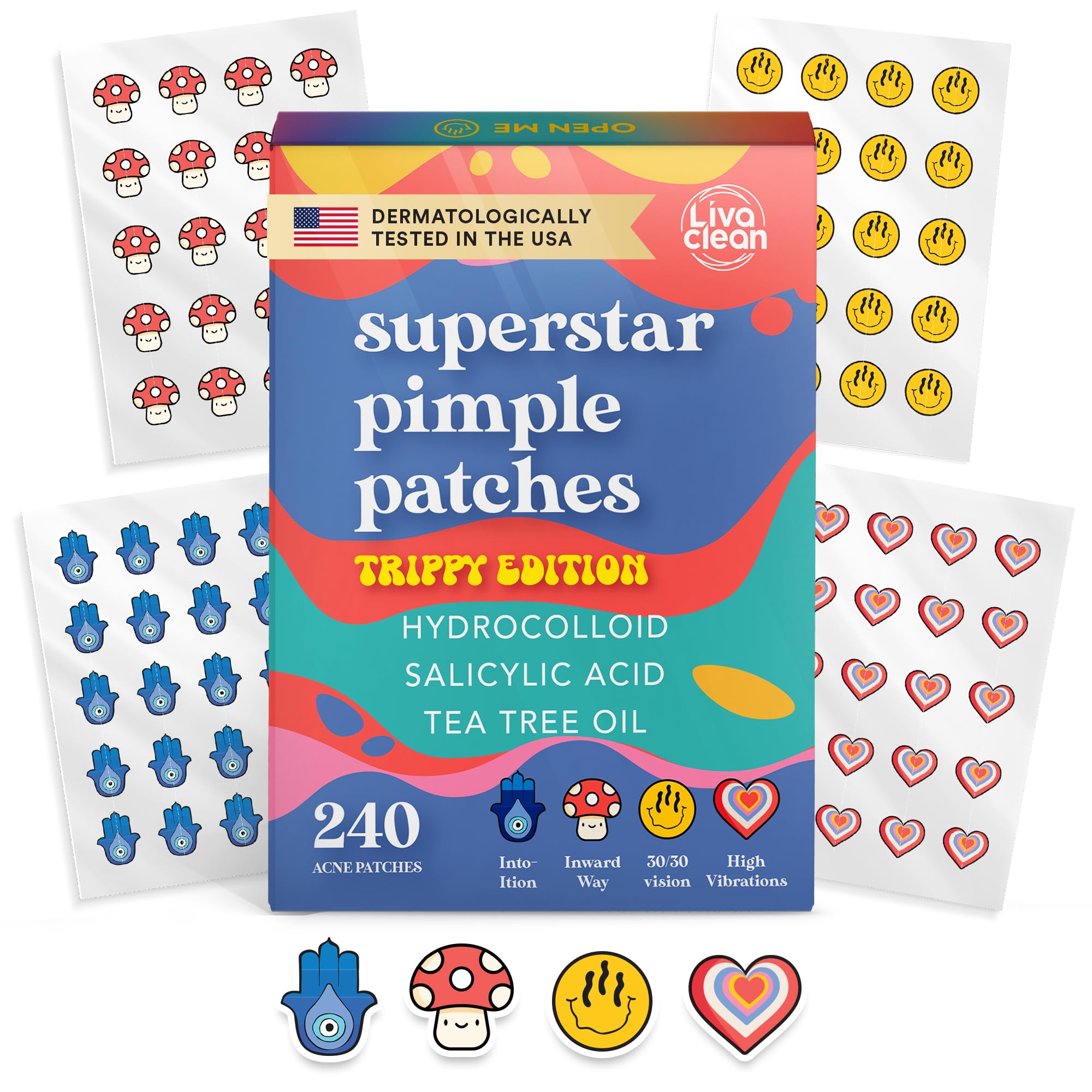 LivaClean 240 CT Superstar Cute Pimple Patches Trippy Edition w/Tea Tree Oil - Pimple Patches Cute, Acne Patch for Face, Hydrocolloid Acne Patch