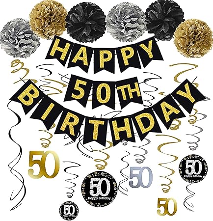 Amazon Com Black Gold Glittery Happy 50th Birthday Banner Poms