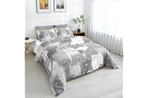 SW SETWIER Kawaii Cat Bedding Set Full Size Grey Cute Animals Comforter Cover with Cartoon Cat Duvet Cover for Girls Boys Teens Kids Quilt Cover Home Decor with 2 Pillowcases