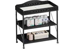 Yetom Baby Changing Table, Diaper Changing Station with Pad and Wheels, Two-Tier Open Storage Shelves, Waterproof Diaper pad & Safety Strap,Compact Baby Furniture for Nursery, Black