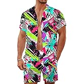 LESOCUSTOM 80s 90s Men's Hawaiian Outfits 2 Piece Shirt and Shorts Sets Button Down Beach Suits Disco Party