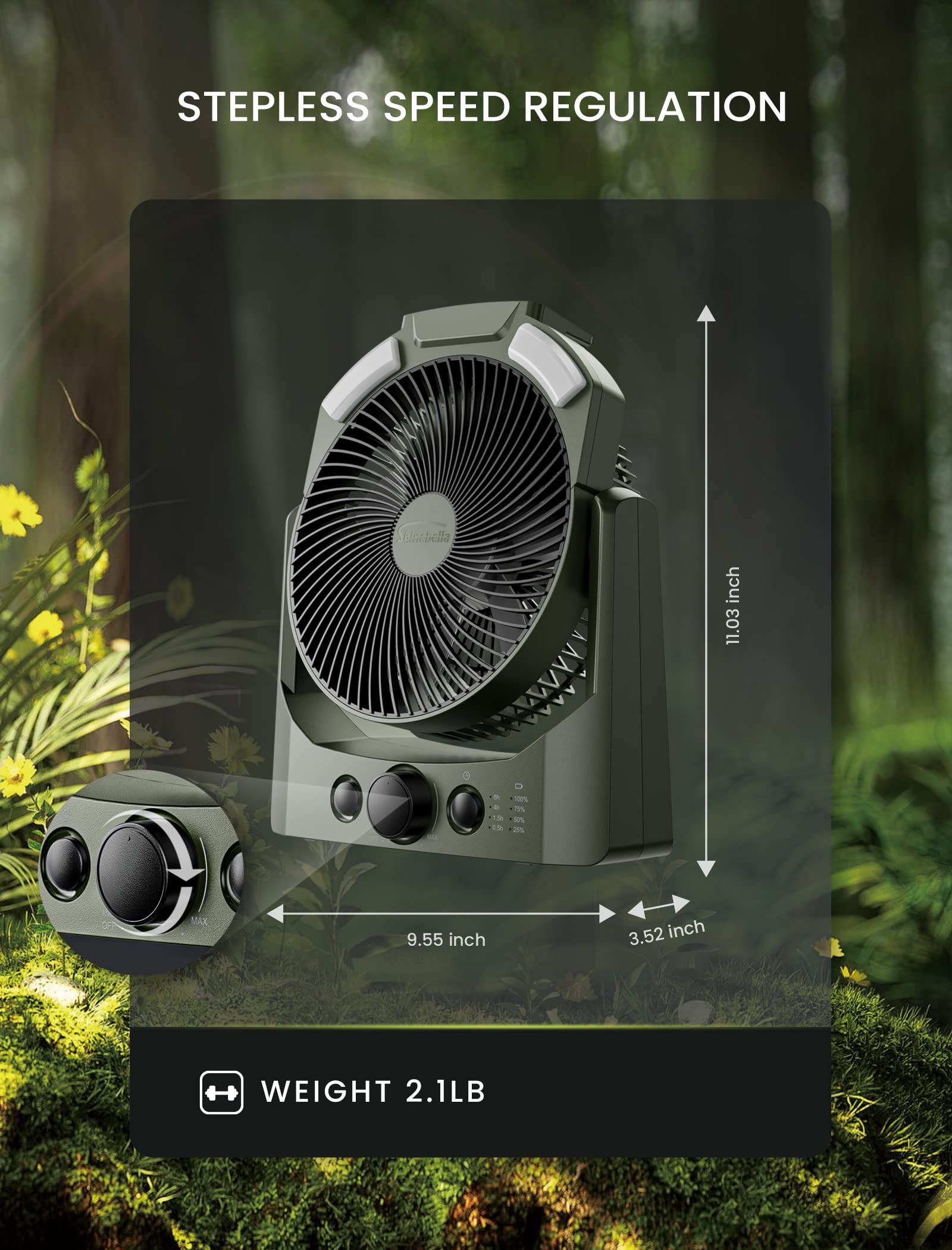 D Battery Powered Camping Fan (Batteries Not Included) with 4 Timer Modes, 8.5’’ Desk Fan with LED Lantern and SOS Light, 180° Rotation, Quiet, Handle, USB Travel Office, Adjustable Speed Knob