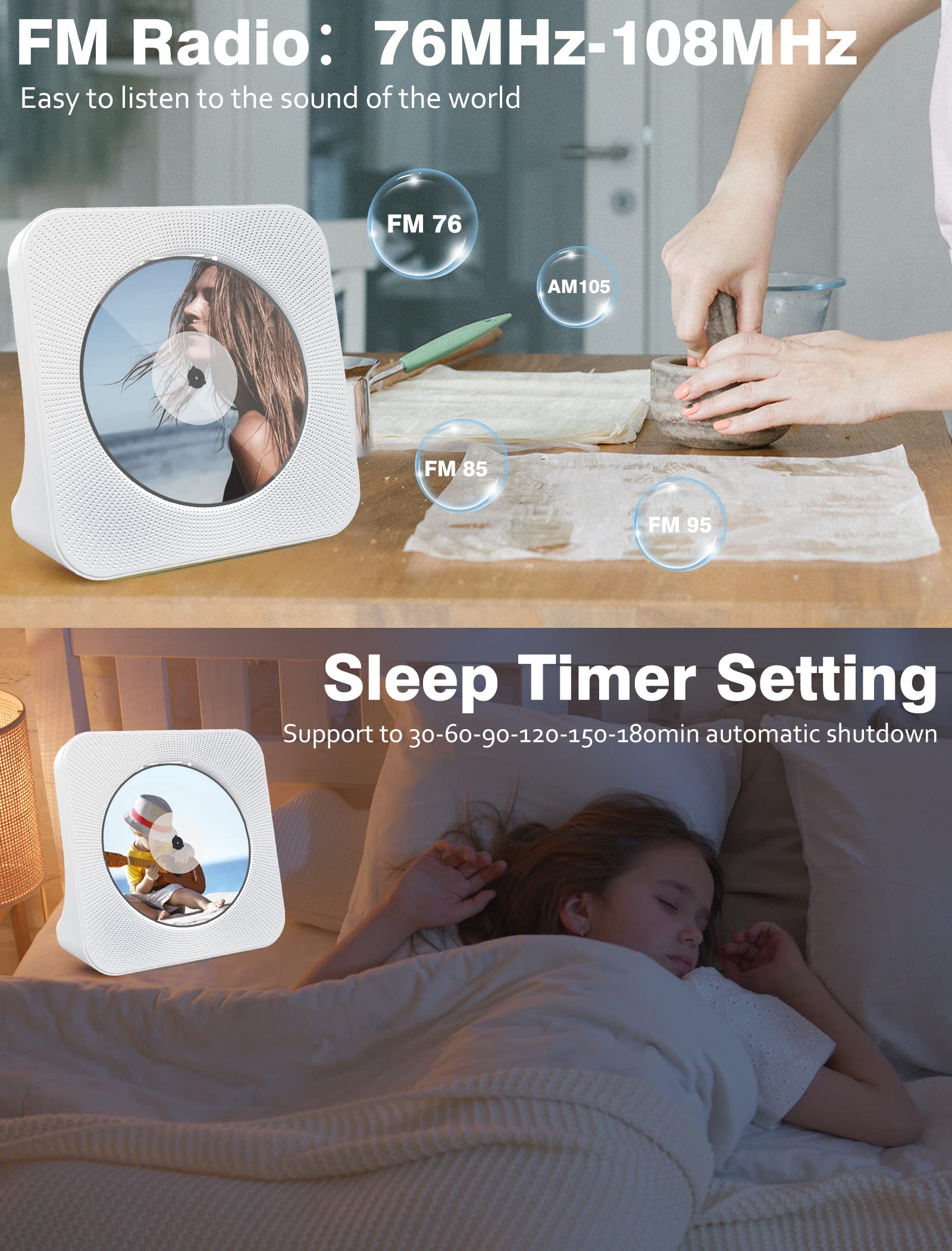 Portable CD Player with Bluetooth: 4000mAh Recheageable Kpop Music Player with HiFi Speaker,Remote Control,LCD Display,Sleep Timer,Headphone Jack, Supports CD/Bluetooth/FM Radio/U-Disk/AUX for Home