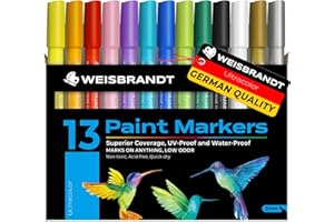 WEISBRANDT Acrylic Markers Pens for Rock Painting, Paper, Plastic, Ceramic, Glass, Wood, Metal, Scrapbooking Craft, Card Making, Canvas. Water-Based, Non-Toxic, Quick Dry, Medium Tip, 13 Colors