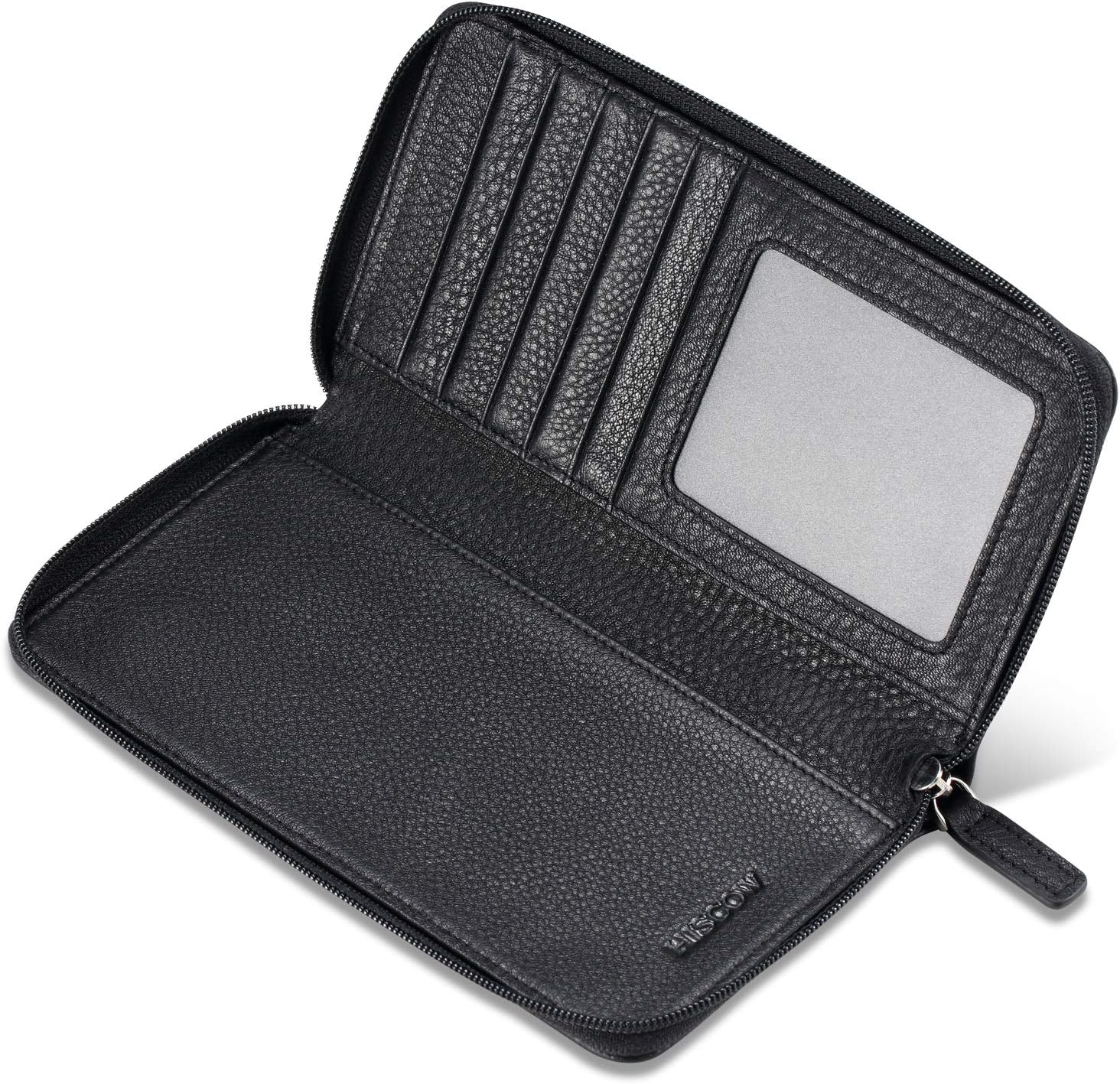HISCOW Zippered Checkbook Cover & Card Holder with Divider - Italian Calfskin (Pebbled Black)