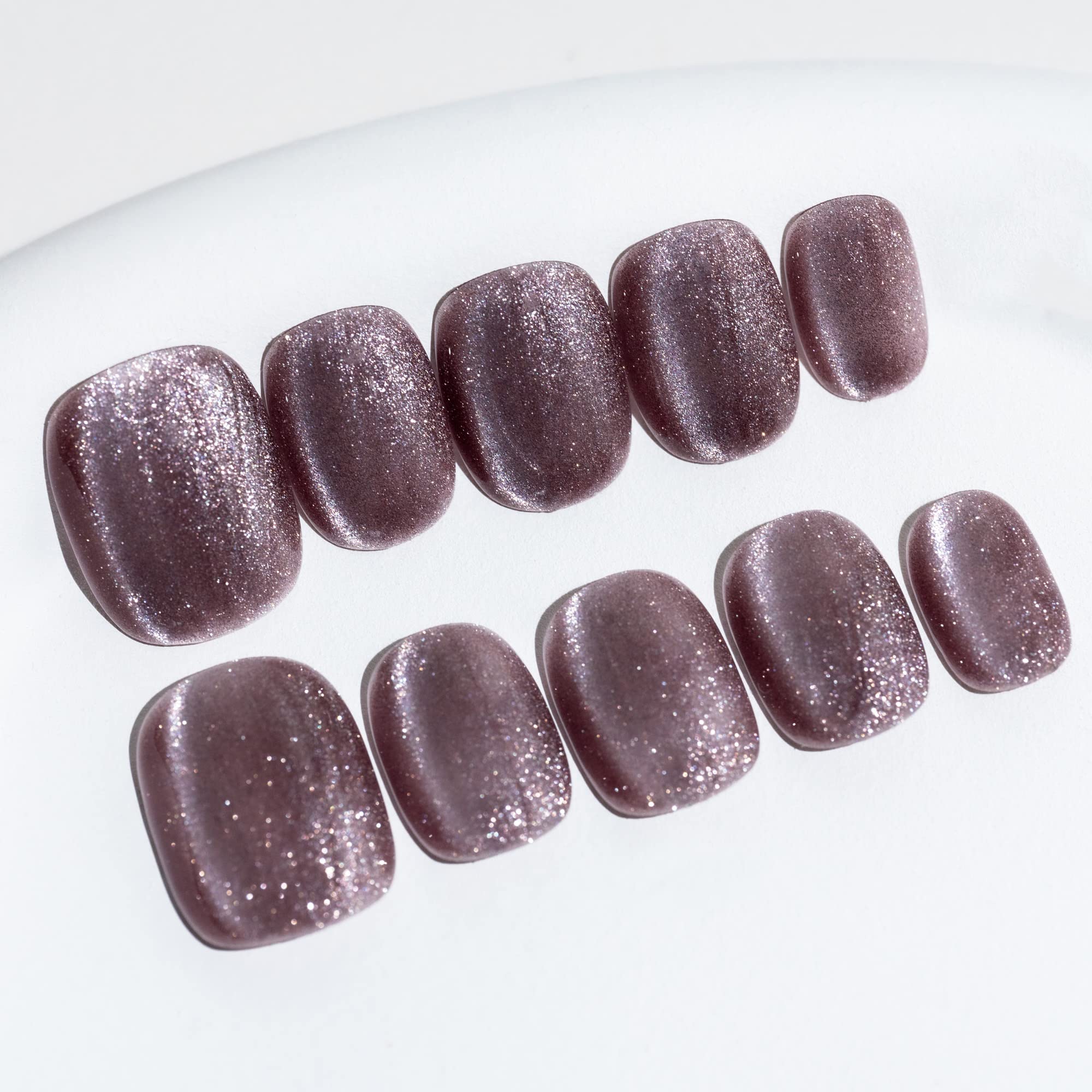 Sun&Beam Nails Handmade Press On Short Round with Grey Taupe Color Cat Eye Design Charm Cute False Nail Tips 10 Pcs (#96 XS) — image 1