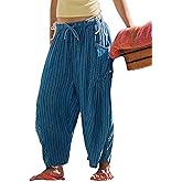 Lingjiazi Womens Striped Lantern Harem Pants Elastic Drawstring Lounge Palazzo Pants Trousers with Pockets