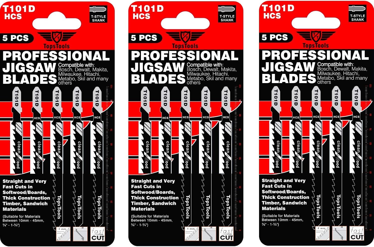 15 x TopsTools T101D 100mm Jigsqw Blades Designed for Clean and Fast Cuts in Wood, Black