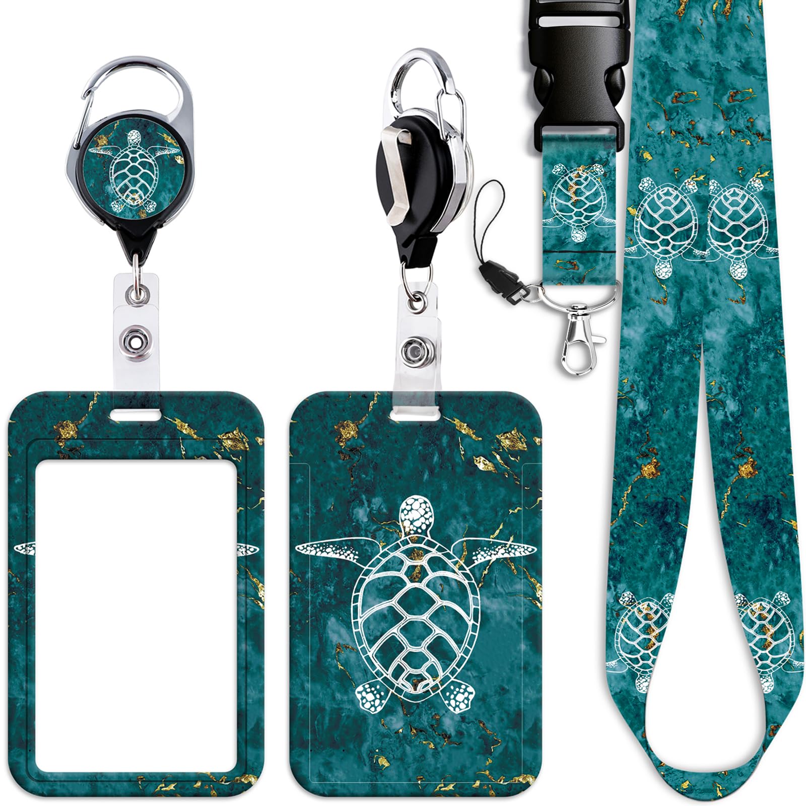 Juanooo Green ID Lanyard Card Holder & Retractable Badge Reel Clip Cool Keychain Neck Lanyard for Keys ID Badges for Women Men Boys Cruise Ship Card ID Holder (Sea Turtle) — image 1