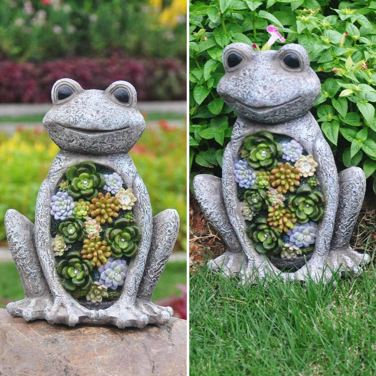 Garden Statue Frog Figurine - Waterproof Resin Succulent Plants with Solar Powered LED Lights for Halloween, Patio Yard Decorations, Home Decorations,9.5 x 7.2 Inch: Home Improvement