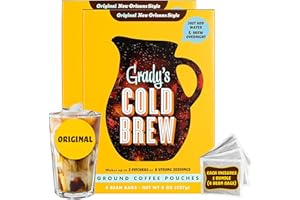 GRADY'S COLD BREW GRADY’S COLD BREW, New Orleans Style, 100% Arabica Ground Coffee & Chicory Pouches, TWO Boxes of Four Easy-to-Brew Bean Bags, Makes 24 drinks
