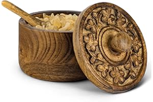 Rustic Salt Box Cellar with Hand Carved Lid & Spoon, Wooden Salt Pinch Bowls | Wood Salt Keeper, Spice Bowls for Cooking | Sa