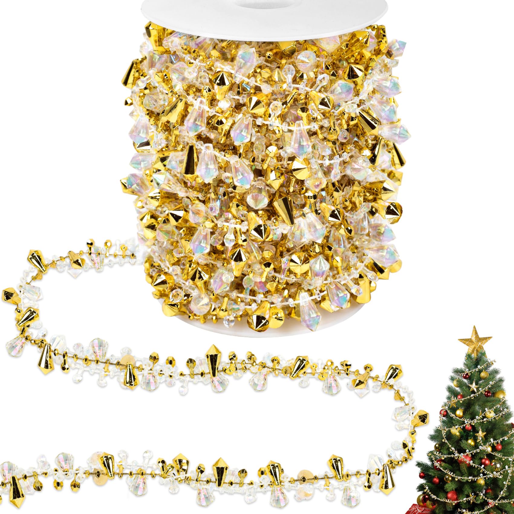 Photo 1 of 33ft Christmas Tree Garland Bead Decoration, Gold Beaded Garland for Christmas Tree Clear Iridescent Bead Twist String Decor, Garlands for Xmas Ornaments Wedding Party Home Decor