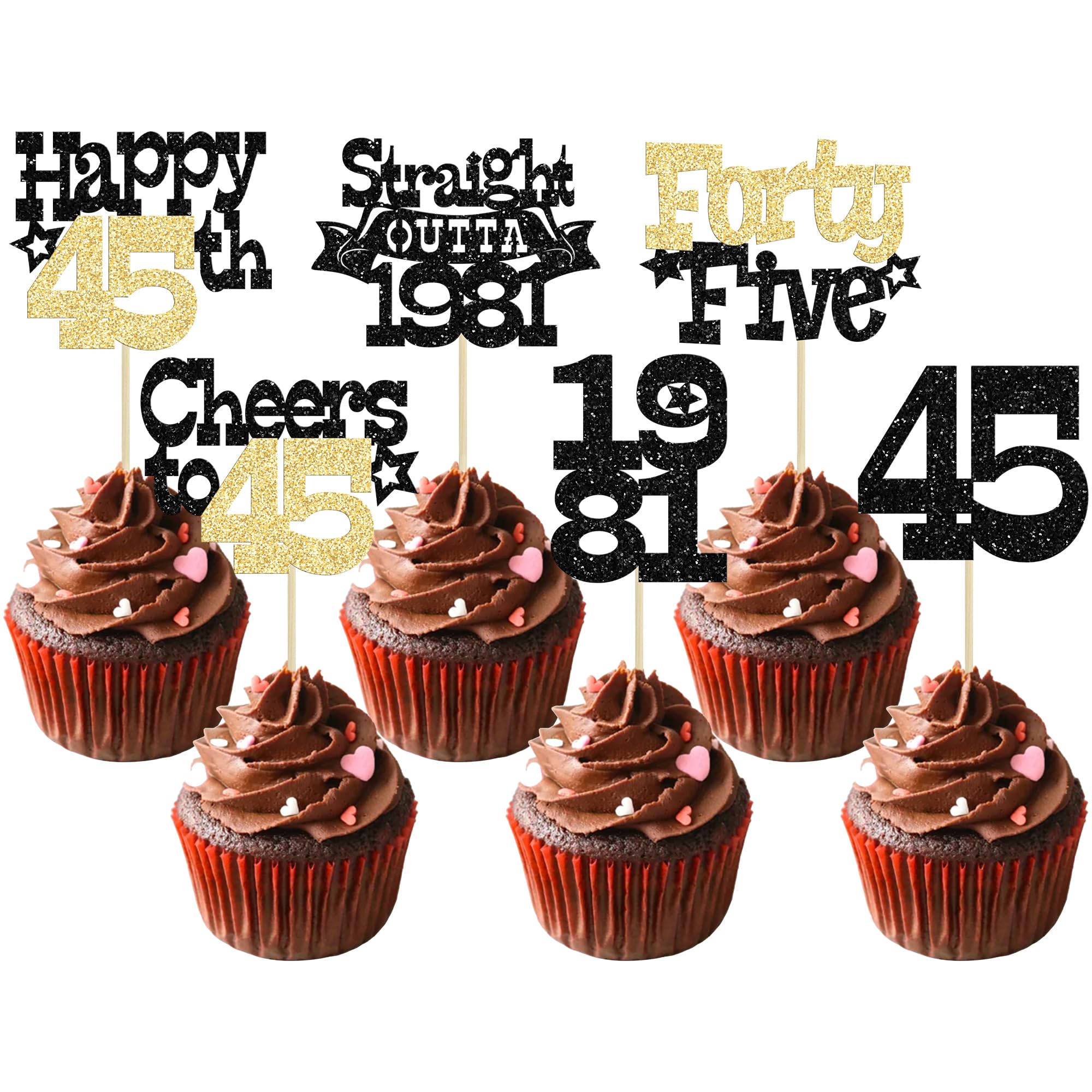 Ephlyn 30Pcs Straight Outta 1981 Cupcake Toppers Glitter Forty Five Happy 45th Birthday Cupcake Picks Cheers to 45 Years Cake Decorations for Happy 45th Birthday Anniversary Party Supplies Black Gold — image 1