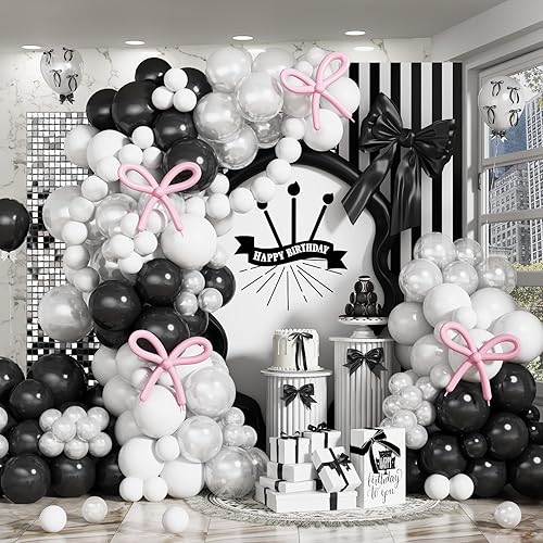 Jobkoo Black and White Balloon Arch Kit Bow Pearl White Black Latex Balloons Garland with Pink Bow Balloons for Girls Women Coquette Bachelorette Baby Bridal Shower Birthday Wedding Party Decorations