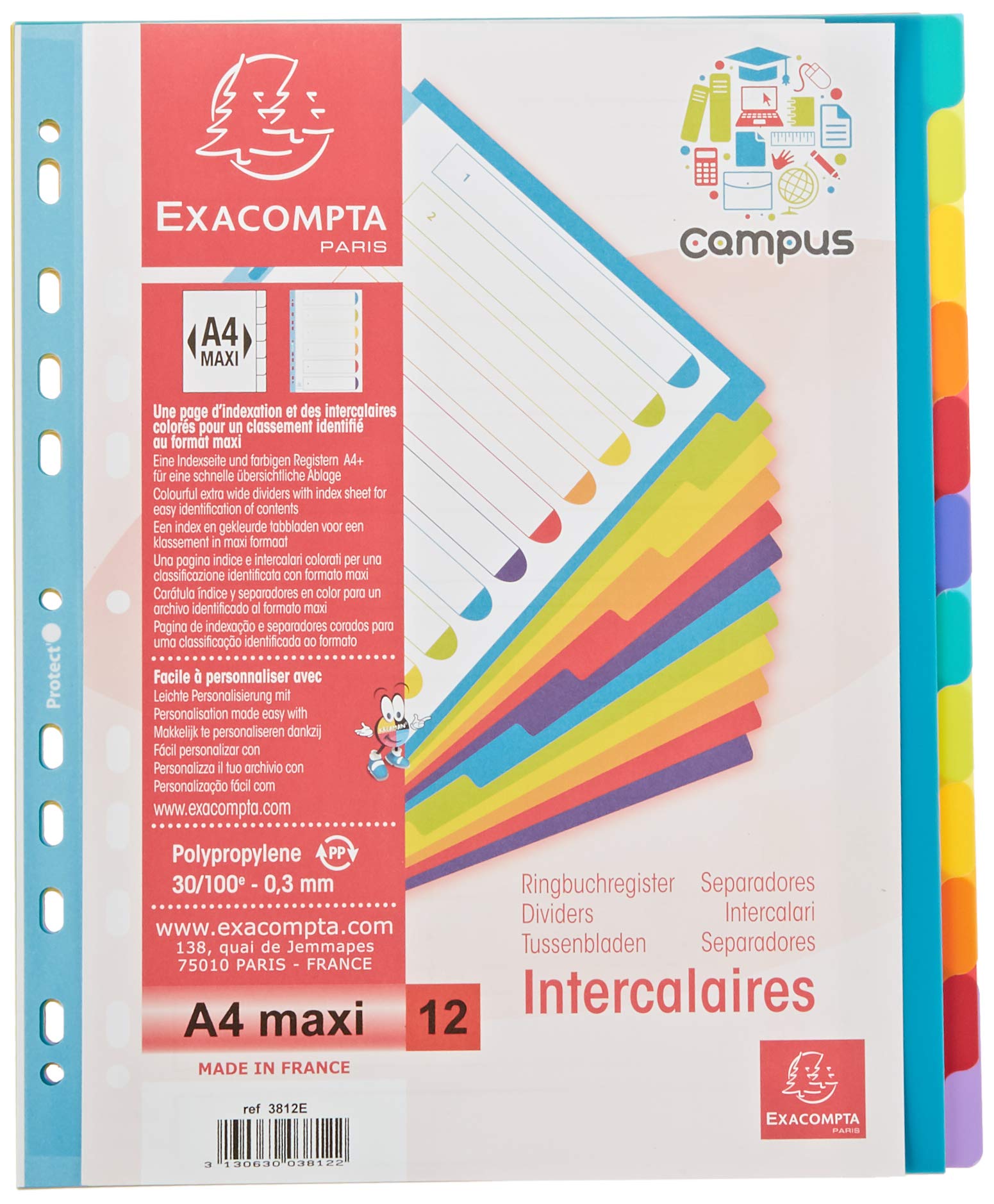 Exacompta - Ref 3812E - Campus PP Dividers - Suitable for A4+ Documents, 12 Tabbed Parts, 0.3mm Rigid Polypropylene, Pre-Punched for Folders - Multi-coloured — image 1