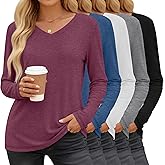 Neer 5 Pack Women's Long Sleeve Shirts, V Neck Tops Loose Fit Basic Tees Solid Trendy Fall Casual Blouses