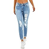 RHODANTHE Women's Ripped Boyfriend Jeans Stretch Skinny Jean Trendy Distressed Straight Leg Jeans with Holes