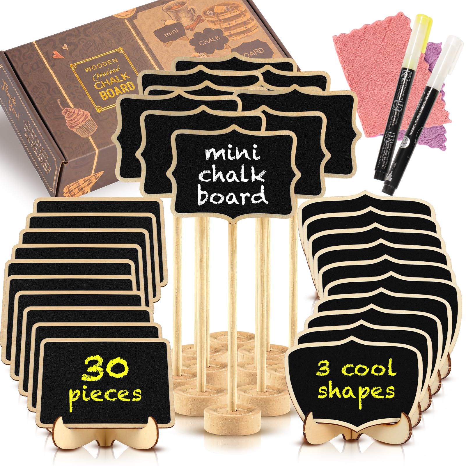View 1 of Mini Chalkboard Signs 30 Pack, Small Food Labels or Name Cards for Party Buffet Table with Wooden Stand for Wedding, Baby Shower, Mimosa Bar Supplies and Charcuterie Boards Accessories with 2 Pens