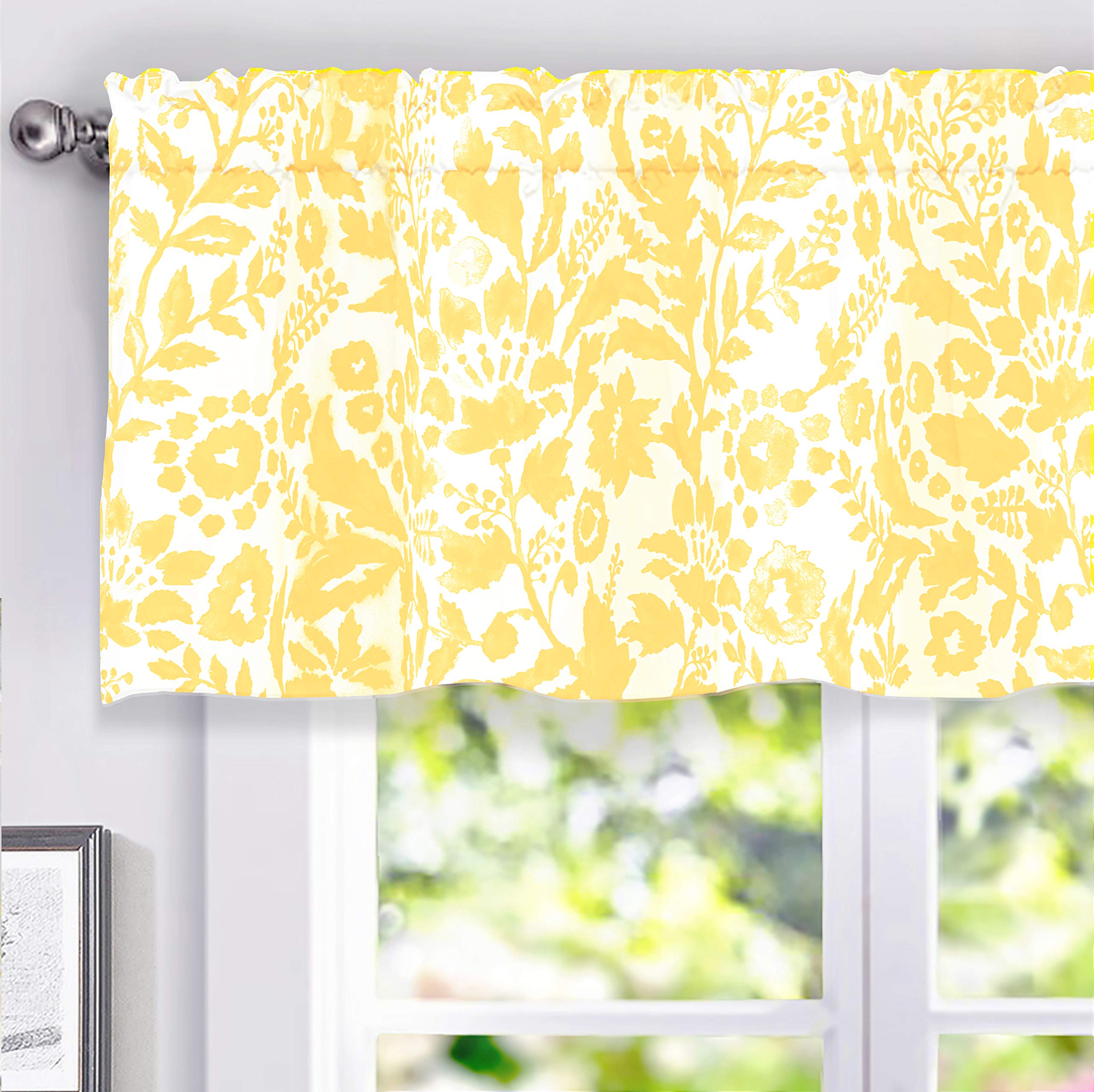 DriftAway Julia Watercolor Blooming Flower Floral Lined Thermal Insulated Window Curtain Valance Rod Pocket 52 Inch by 18 Inch Plus 2 Inch Header Yellow 1 Pack