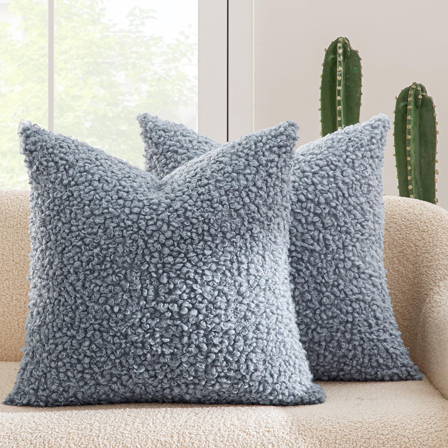 MIULEE Pack of 2 Dusty Blue Faux Fur Throw Pillow Covers 18x18 Inch Boucle Decorative Sherpa Pillow Covers Fuzzy Accent Soft Sheepskin Fleece for Boho Home Decor Sofa Living Room Couch Bed