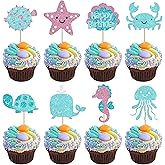 Rsstarxi 24 Pack Ocean Animals Cupcake Toppers Glitter Whale Turtle Starfish Jellyfish Cupcake Picks Under the Sea Cake Decorations for Baby Shower Kids Birthday Party Cake Decorations Blue