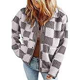 SHEWIN Jackets For Women Causal Sherpa Fall Jacket Loose Button Down Plaid Winter Coats