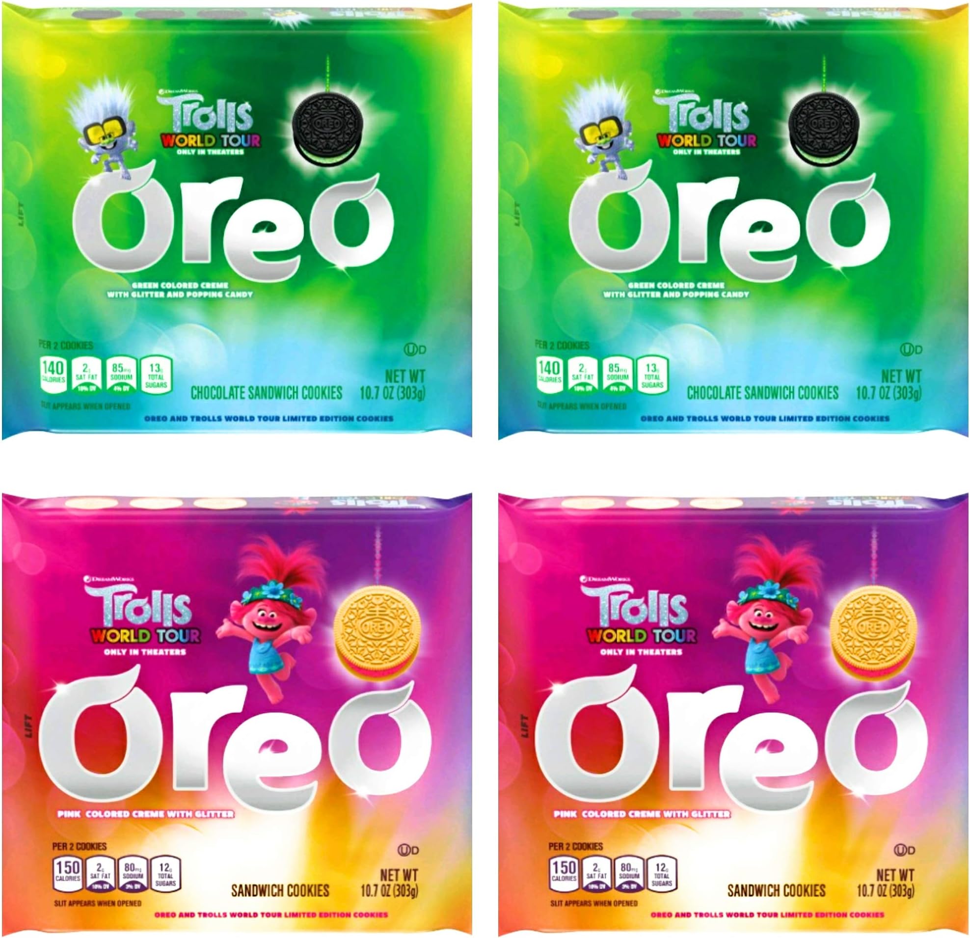 Oreo Trolls World Tour Limited Edition Sandwich Cookies Variety Pack of 2 Flavors - Pink Colored Creme and Green Colored Creme - 2 Bags Per Flavor - 4 Bags Total - 42.8 oz Total
