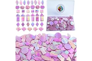 ILLUCKAI 7 Shapes Iridescent Stained Glass Mosaic Tiles for Crafts, 280g Mosaic Glass Pieces for Home Decor, Mosaic Kit for Mosaic Making (Iridescent Pink)
