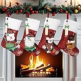JIDIWINQI'E Set of 4 Personalized Christmas Stockings with Name Tags 18" Classic Large Stocking Cute Santa, Snowman, Reindeer,Penguin Xmas Character for Family Holiday Christmas Party Decorations