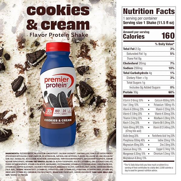 PREMIER PROTEIN SHAKE, COOKIES & CREAM, 30G PROTEIN, NO ADDED SUGAR, 24 VITAMINS & MINERALS TO SUPPORT IMMUNE HEALTH, 11.5 FL OZ, 12 PACK