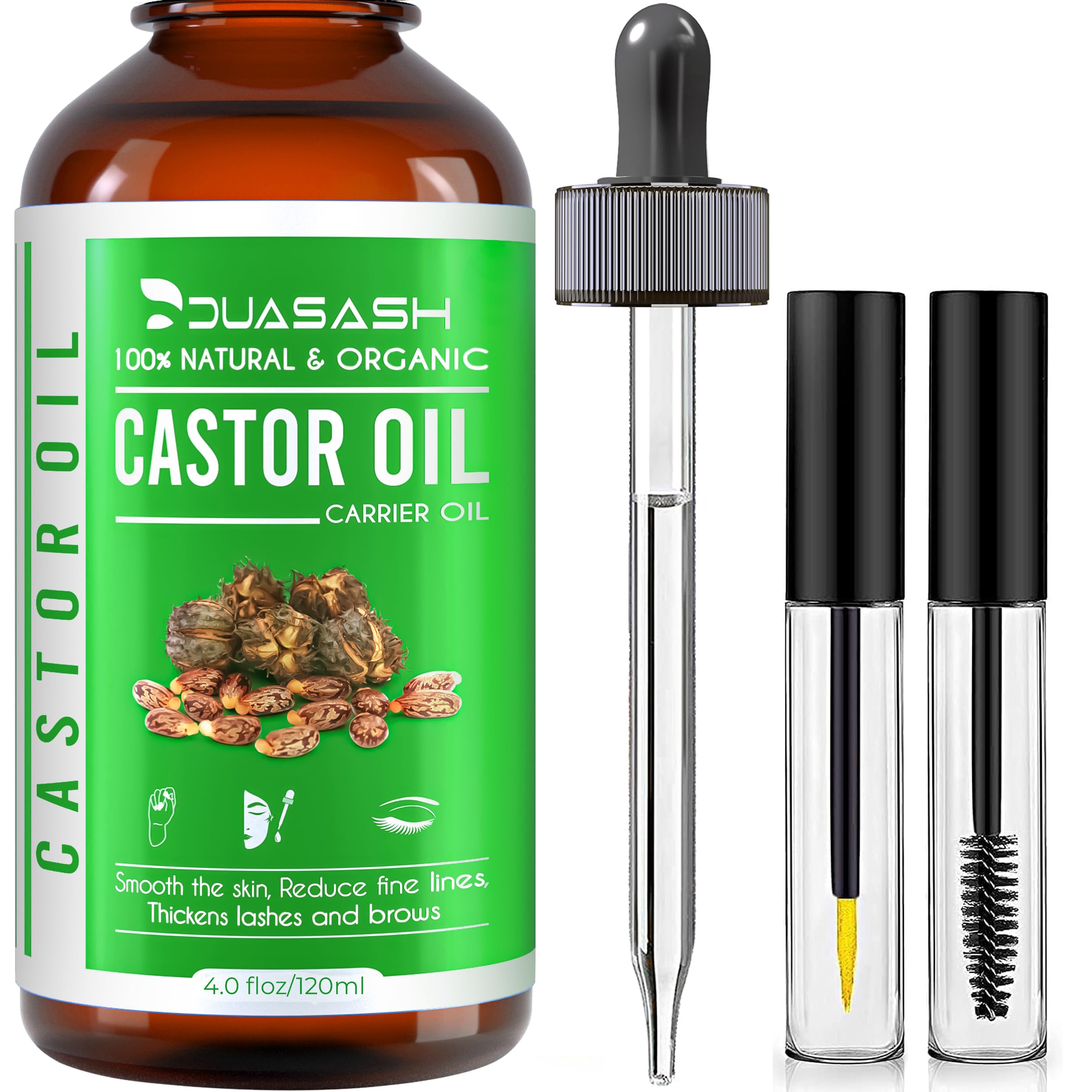 Duasash Organic Castor Oil for Eyelashes and Eyebrows 120ml Cold Pressed Castor Oil for Hair Growth Undiluted Hexane Free 100% Natural and Pure Caster Oil for Skin with Brushes For Hair, Beard, Nails