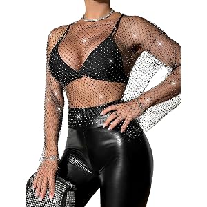 RAMOUG Women's Rhinestone Mesh Crop Top Fishnet Shirt Bikini Cover Up