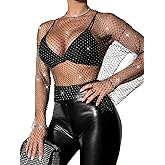 RAMOUG Women's Rhinestone Mesh Crop Top Fishnet Shirt Bikini Cover Up