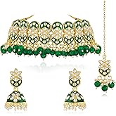 Aheli Maroon Kundan & Beads Studded Choker Necklace Earrings & Maangtikka Jewellery Set Gift for Women